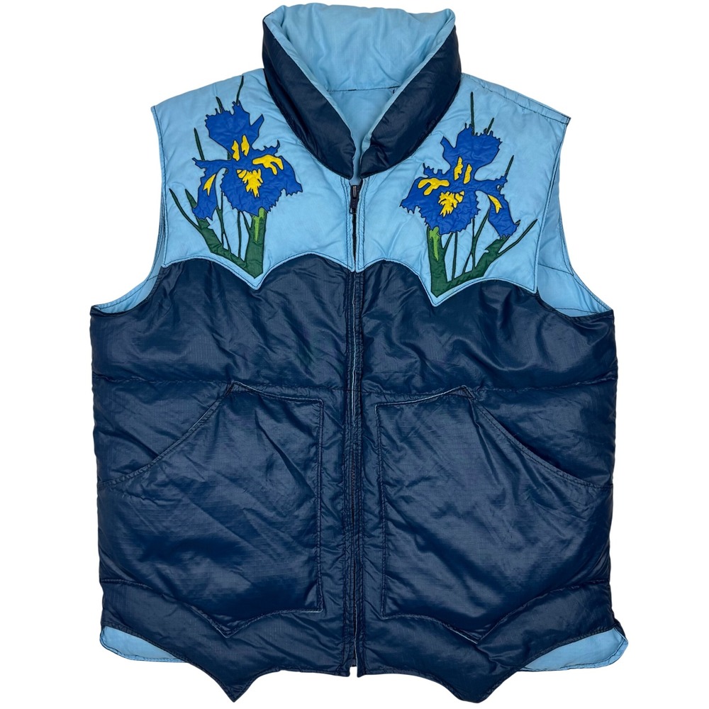 Floral Iris Applique Quilted Puffer Vest Blue Vintage Western Artsy Statement